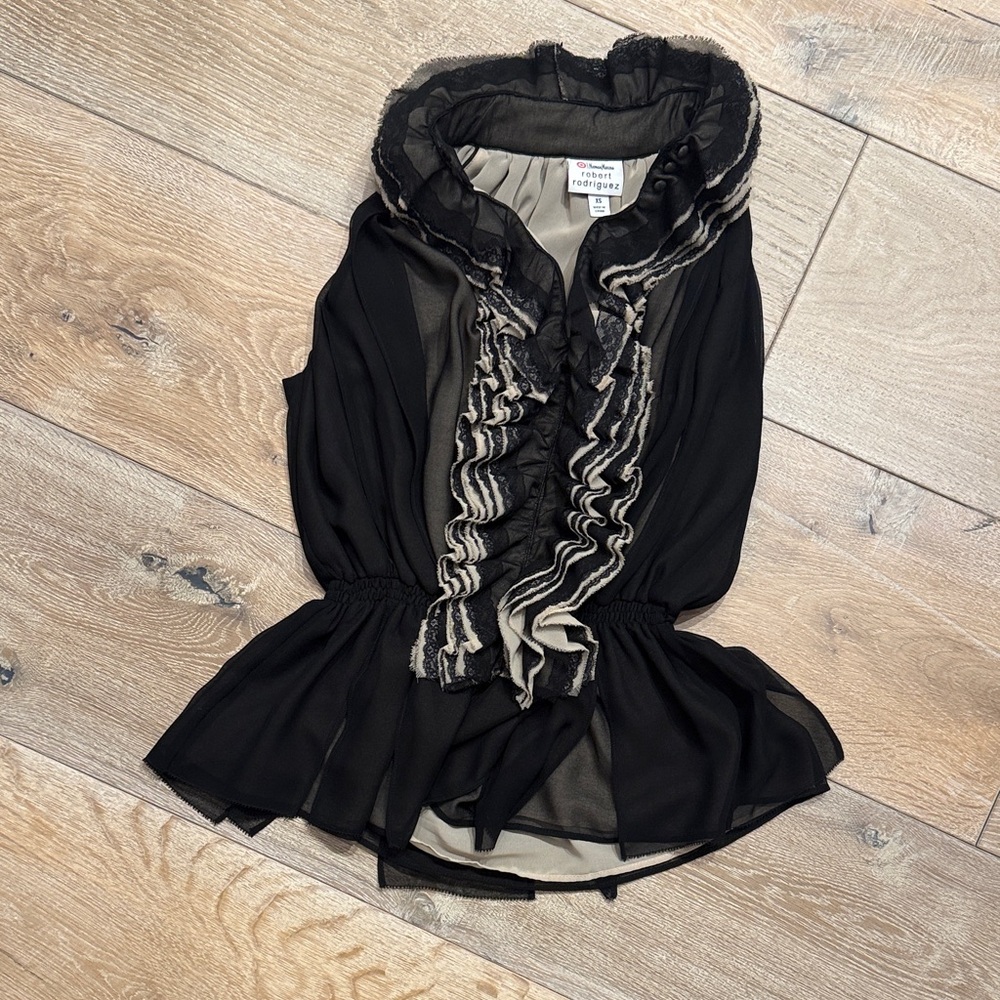 Robert Rodriguez Black and Cream Ruffled Sleeveless Tank Top